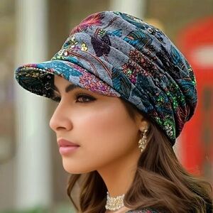 Boho Color Block Floral Print Ruched Newsboy Hat, Vintage Sun Hat